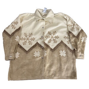 Lane Bryant Tan Cream Snowflake Fleece Shacket Button Up Shirt 14/16 Venezia Vtg